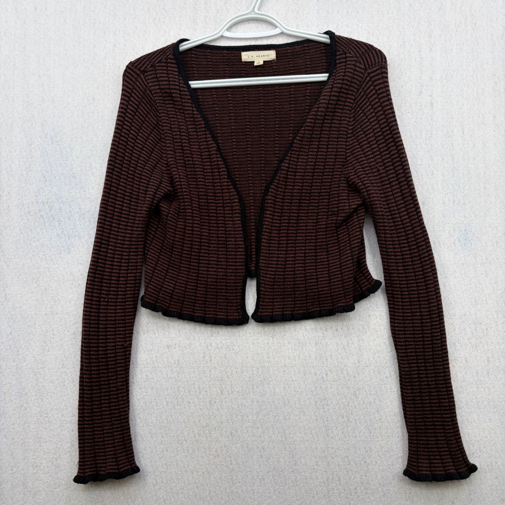 LA Hearts Women Small Brown Striped Cropped Open Front Cardigan Ribbed Sweater